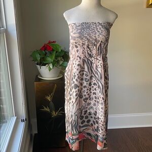 Lapis Beige Strapless  special Print Midi Dress with Colorful Hem